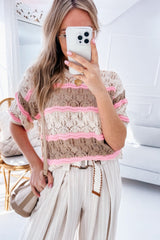 Brown Stripe Color Block Hollow Out Crochet Half Sleeve Sweater Sweaters & Cardigans JT's Designer Fashion