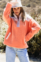 Orange Colorblock Half Zipper Stand Neck Sherpa Sweatshirt Sweatshirts & Hoodies JT's Designer Fashion