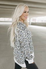 White Printed Solid Trim Leopard Print Top Long Sleeve Tops JT's Designer Fashion
