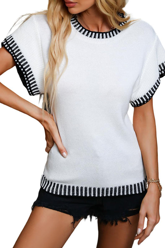 White Contrast Trim Round Neck Batwing Sleeve Knitted Top Sweaters & Cardigans JT's Designer Fashion