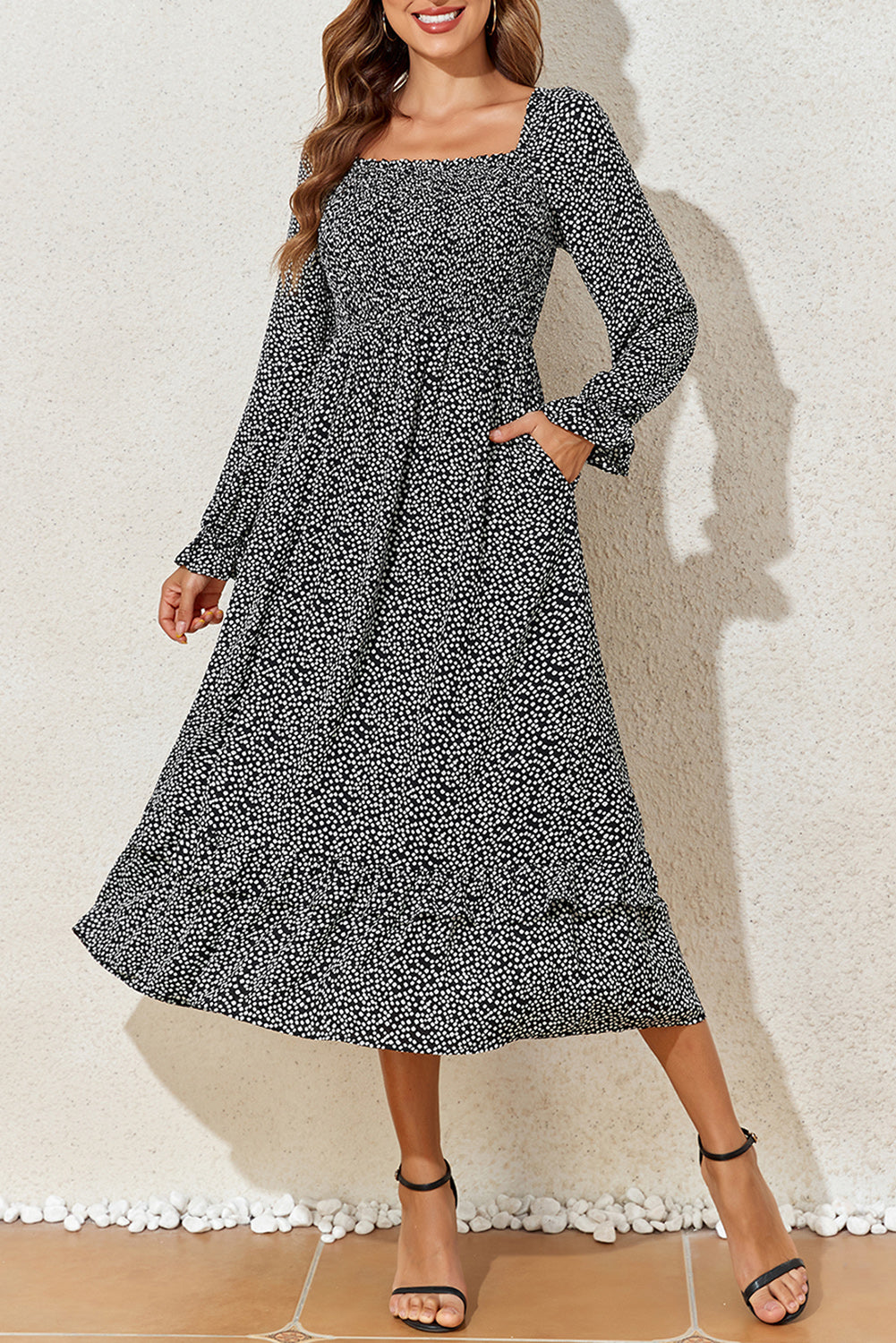 Black Floral Printed Long Sleeve Square Neck Midi Dress Black 100%Polyester Floral Dresses JT's Designer Fashion