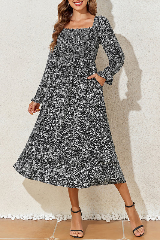 Black Floral Printed Long Sleeve Square Neck Midi Dress Black 100%Polyester Floral Dresses JT's Designer Fashion