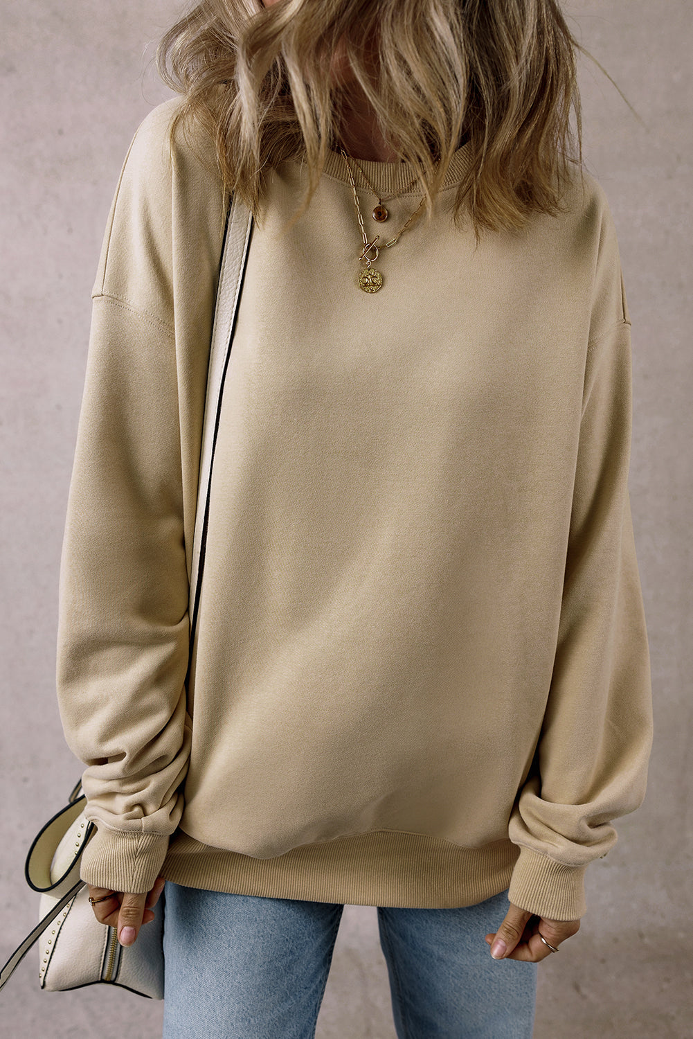 Parchment Solid Loose Crew Neck Fleece Sweatshirt Sweatshirts & Hoodies JT's Designer Fashion