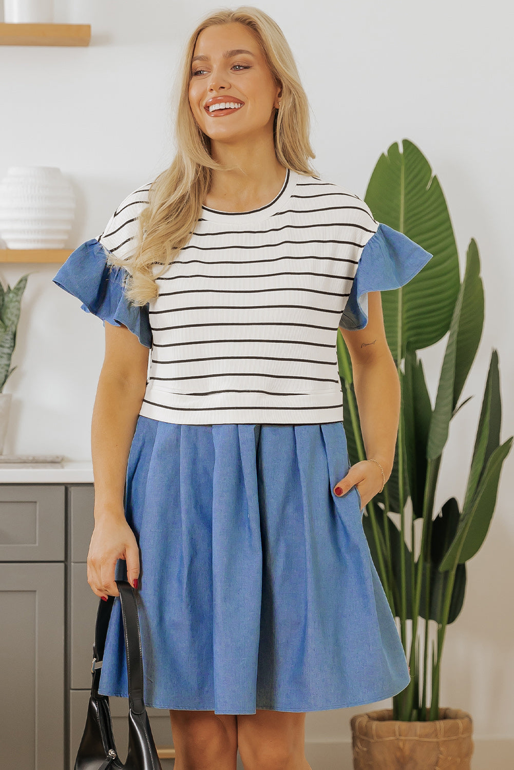 Black Stripe Ruffle Denim Patchwork Round Neck Mini Dress Mini Dresses JT's Designer Fashion
