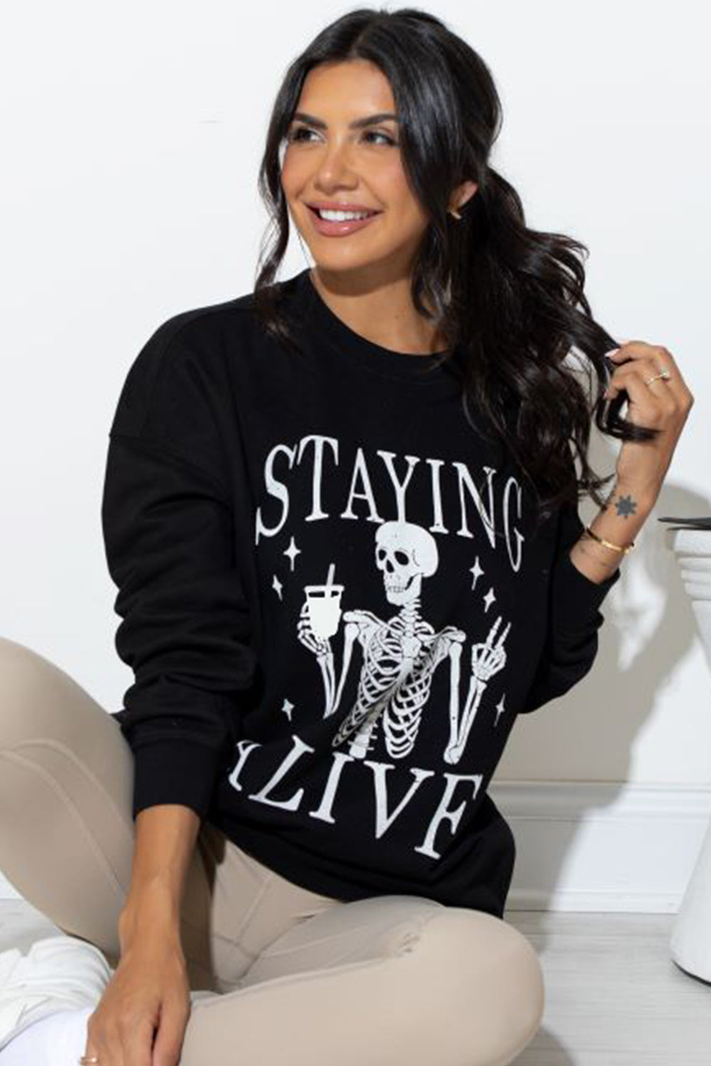 Black STAYING ALIVE Skull Graphic Crewneck Halloween Sweatshirt Graphic Sweatshirts JT's Designer Fashion