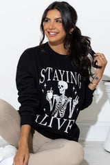 Black STAYING ALIVE Skull Graphic Crewneck Halloween Sweatshirt Graphic Sweatshirts JT's Designer Fashion
