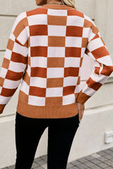Orange Checkered Ribbed Edge O Neck Drop Shoulder Sweater Sweaters JT's Designer Fashion
