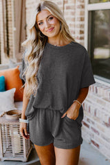 Carbon Grey Ribbed Textured Knit Loose Fit Tee and Shorts Set Short Sets JT's Designer Fashion