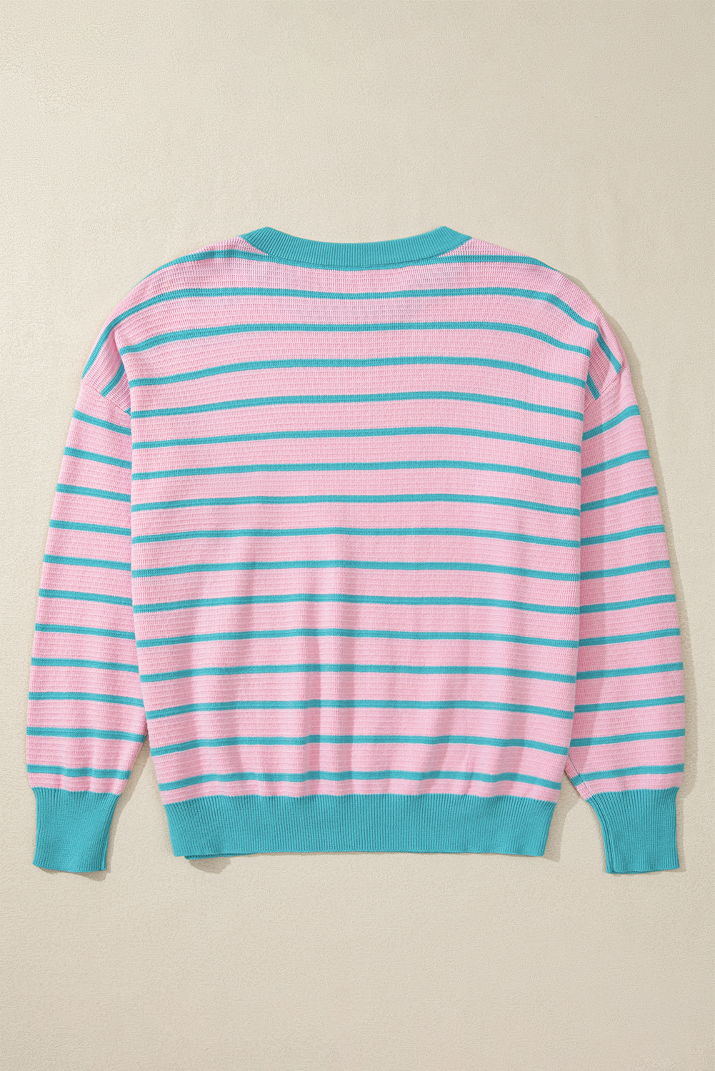 Pink Stripe Trimmed Round Neck Drop Shoulder Loose Sweater Sweaters JT's Designer Fashion