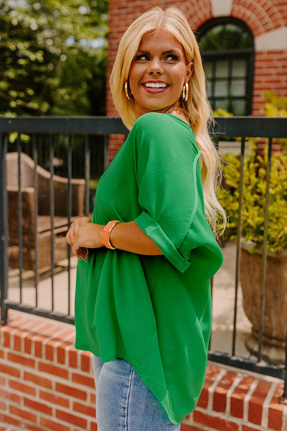 Green Seamed Back High Low Hem V Neck Cuffed Sleeve Plus Size Tee Plus Size Tops & Tees JT's Designer Fashion