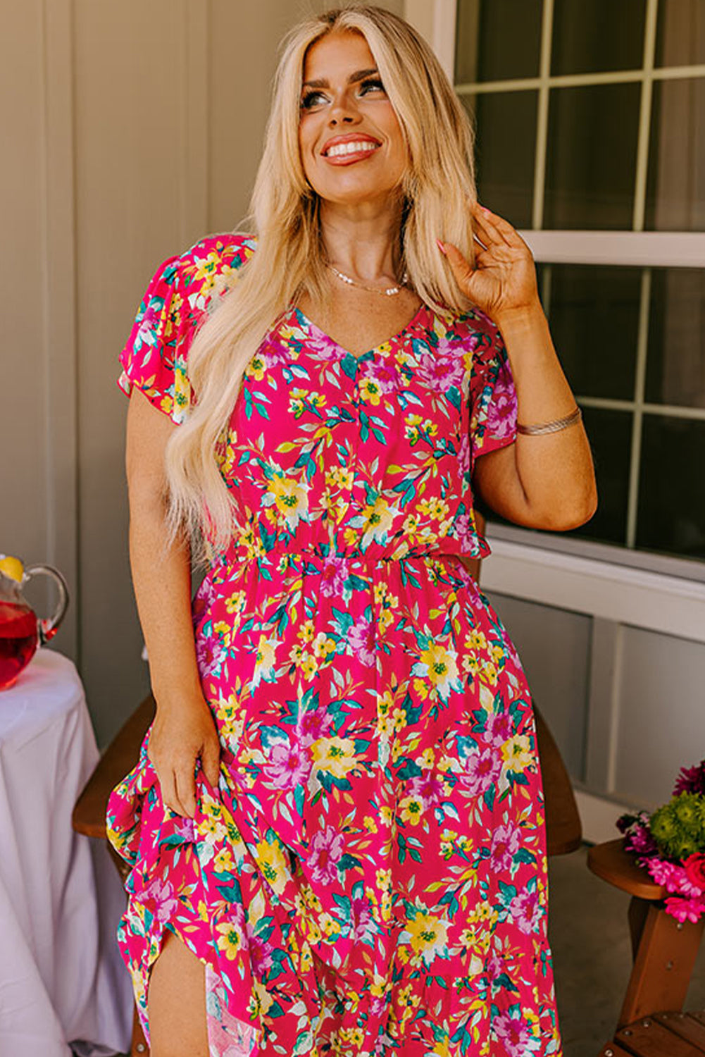 Pink Floral Print V Neck Pocketed High Waist Plus Size Midi Dress Plus Size Midi Dresses JT's Designer Fashion