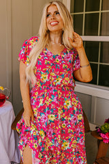 Pink Floral Print V Neck Pocketed High Waist Plus Size Midi Dress Plus Size Midi Dresses JT's Designer Fashion