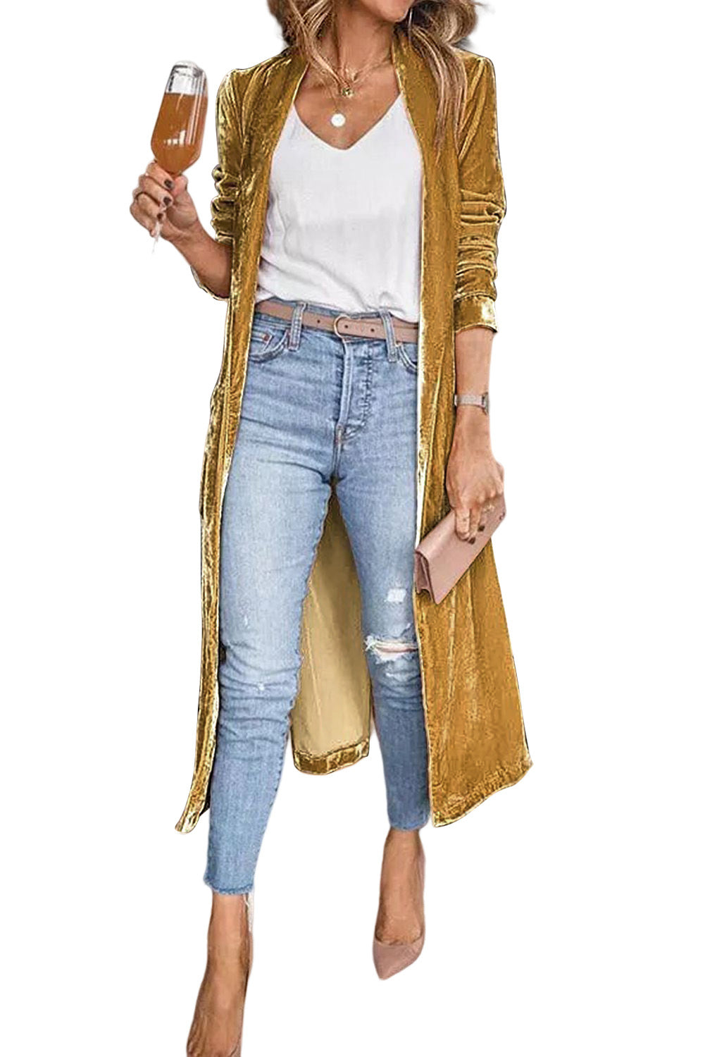 Yellow Velvet Open Front Pocketed Long Duster Sweaters & Cardigans JT's Designer Fashion