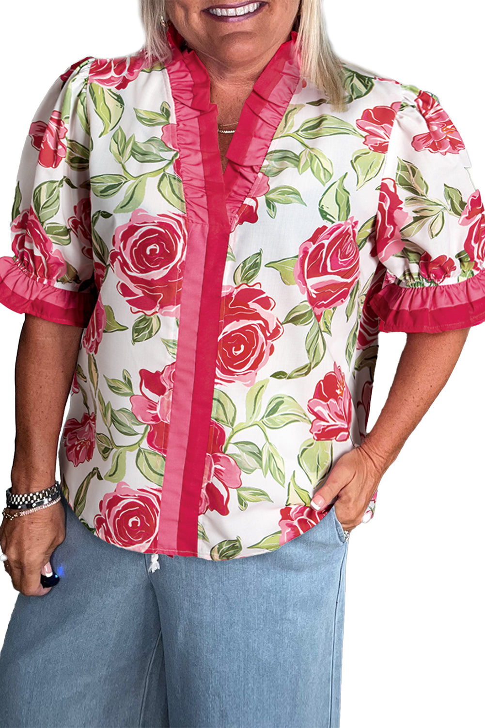 Rose Plus Size Floral Print Frilled Stripes Detail Short Sleeve Blouse Plus Size Blouses & Shirts JT's Designer Fashion