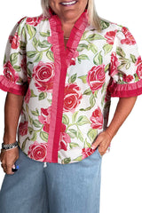 Rose Plus Size Floral Print Frilled Stripes Detail Short Sleeve Blouse Plus Size Blouses & Shirts JT's Designer Fashion