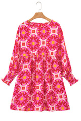 Strawberry Pink Geometric Print Smocked Long Sleeve Mini Dress Mini Dresses JT's Designer Fashion