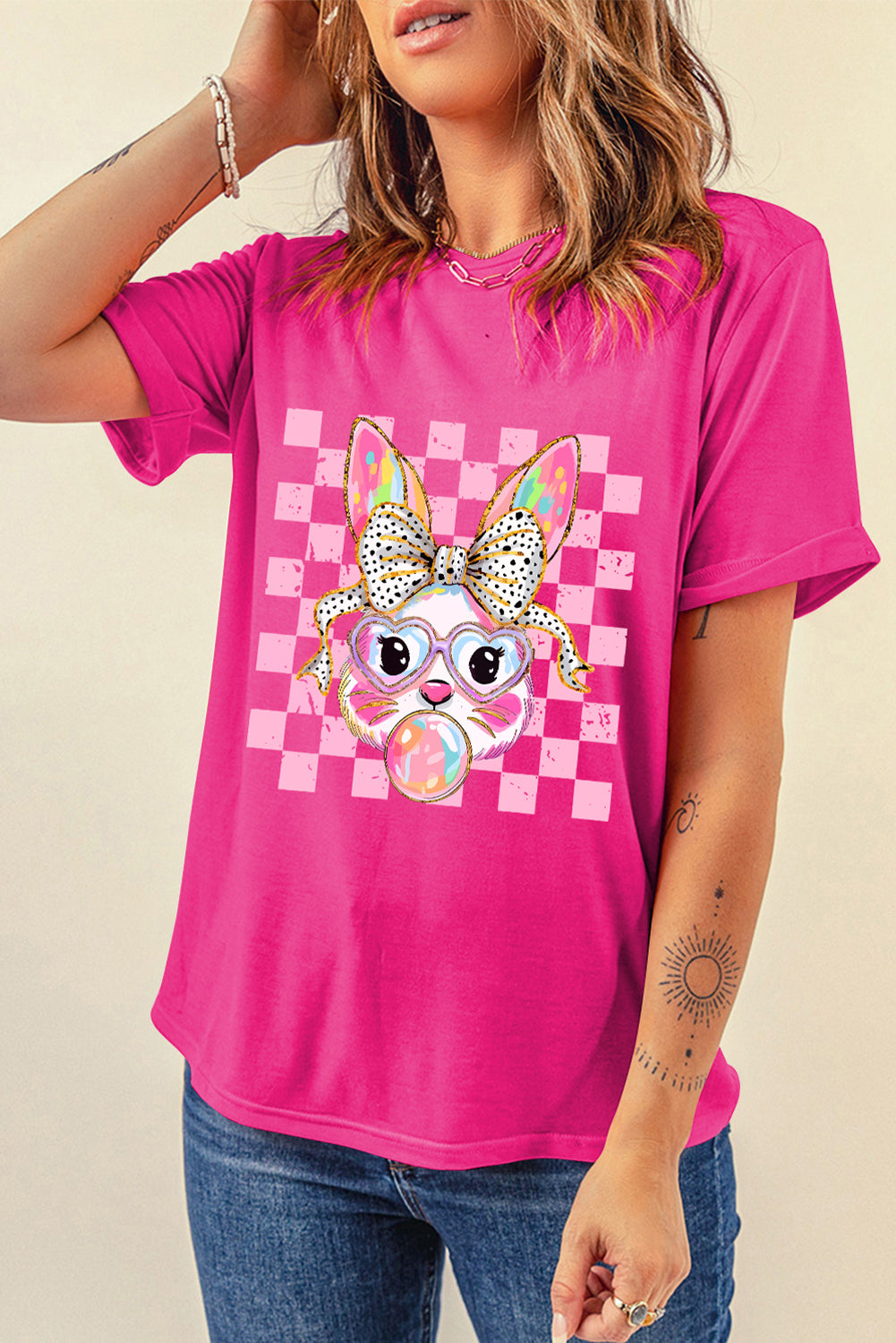Rose Red Plaid Bubble Gum Rabbit Graphic Eater T Shirt Graphic Tees JT's Designer Fashion