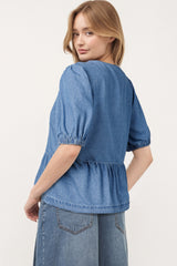 Dusk Blue Tied Front Bubble Sleeve Peplum Denim Shirt Blouses & Shirts JT's Designer Fashion