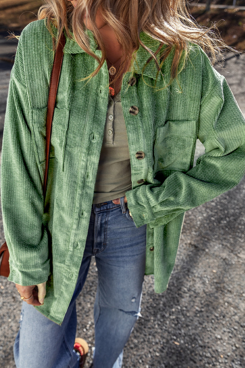 Mist Green Patched Pocket Button Up Corduroy Shacket Jackets JT's Designer Fashion