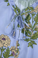 Sky Blue Floral Print Button Tie Neck Long Puff Sleeve Blouse Blouses & Shirts JT's Designer Fashion