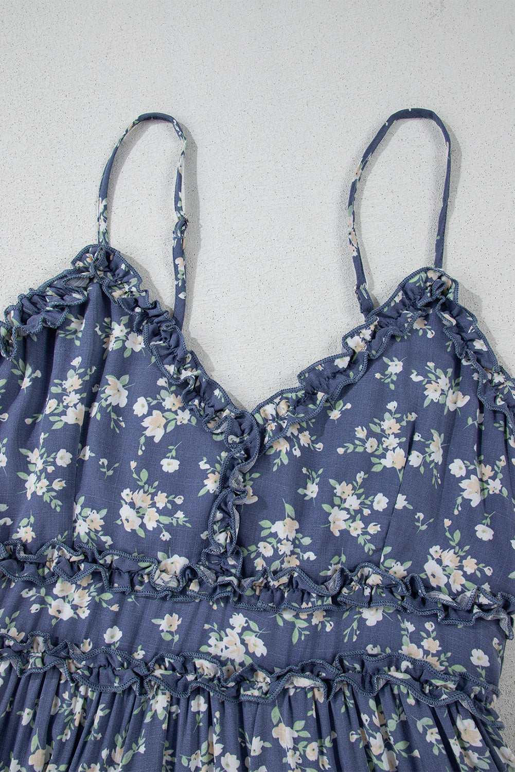 Blue Floral Spaghetti Strap Frilled V Neck Tiered Midi Dress Midi Dresses JT's Designer Fashion