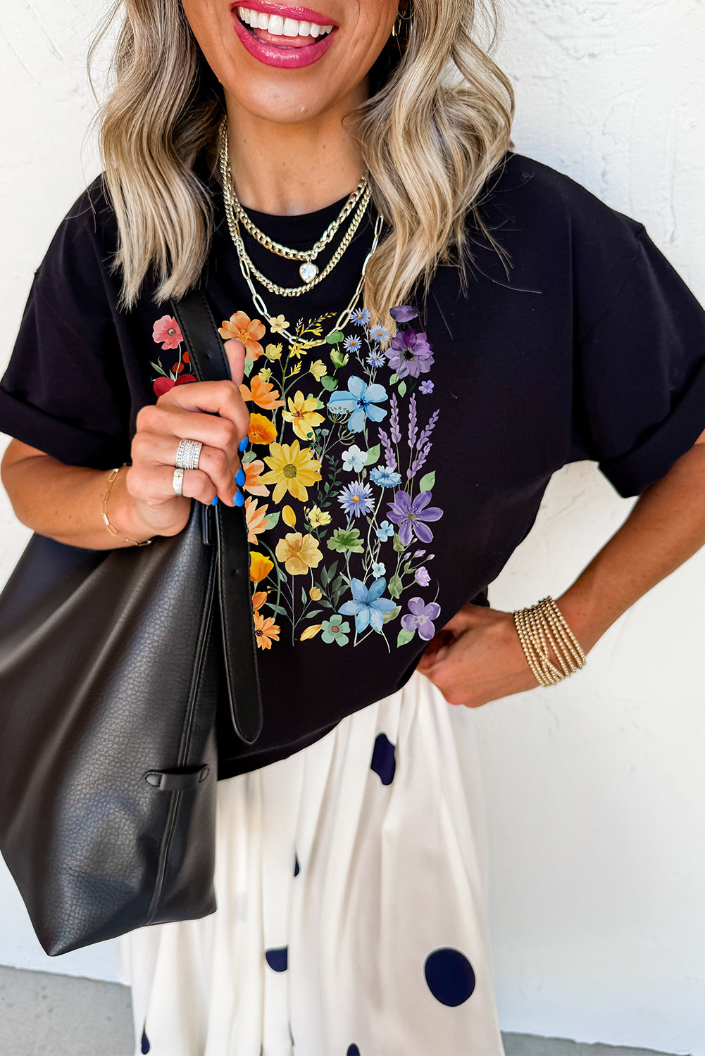 Black Beautiful Flower Print Cotton Blend Casual Tee Graphic Tees JT's Designer Fashion