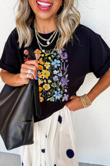Black Beautiful Flower Print Cotton Blend Casual Tee Graphic Tees JT's Designer Fashion