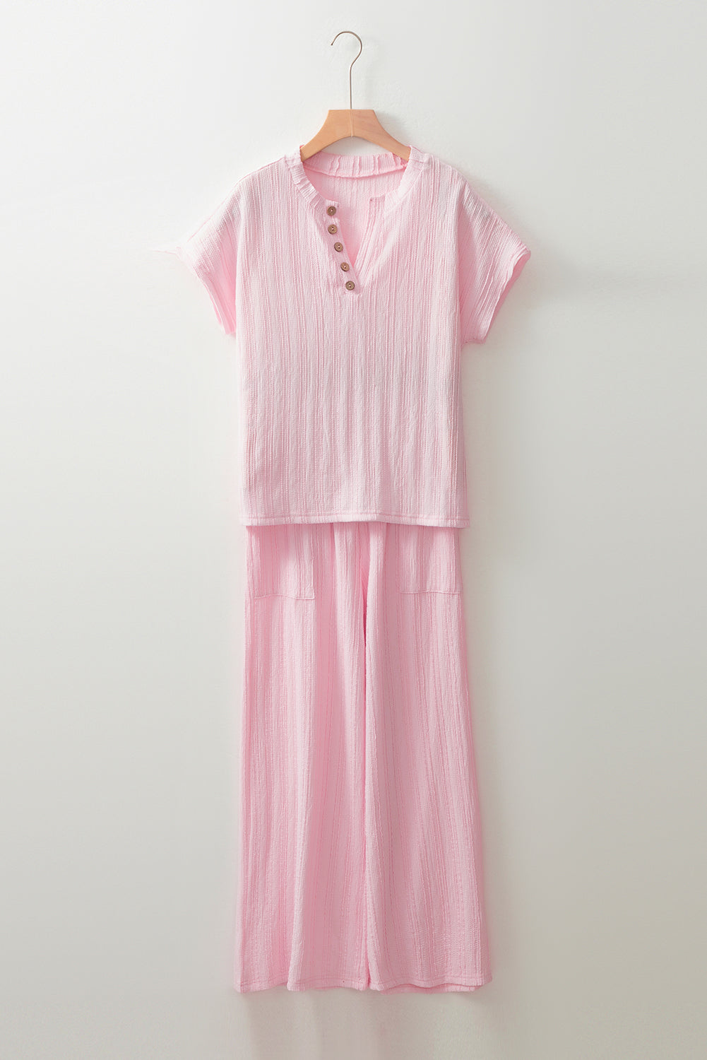 Light Pink Textured Short Sleeve Henley Top and Pocketed Wide Leg Pants Pant Sets JT's Designer Fashion