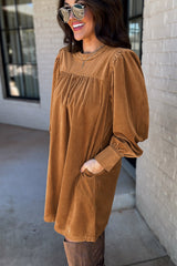 Desert Gold Corduroy Pleated Puff Sleeve Shift Short Dress Mini Dresses JT's Designer Fashion