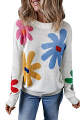 White Colorful Big Flower Pattern Crewneck Sweater Sweaters JT's Designer Fashion
