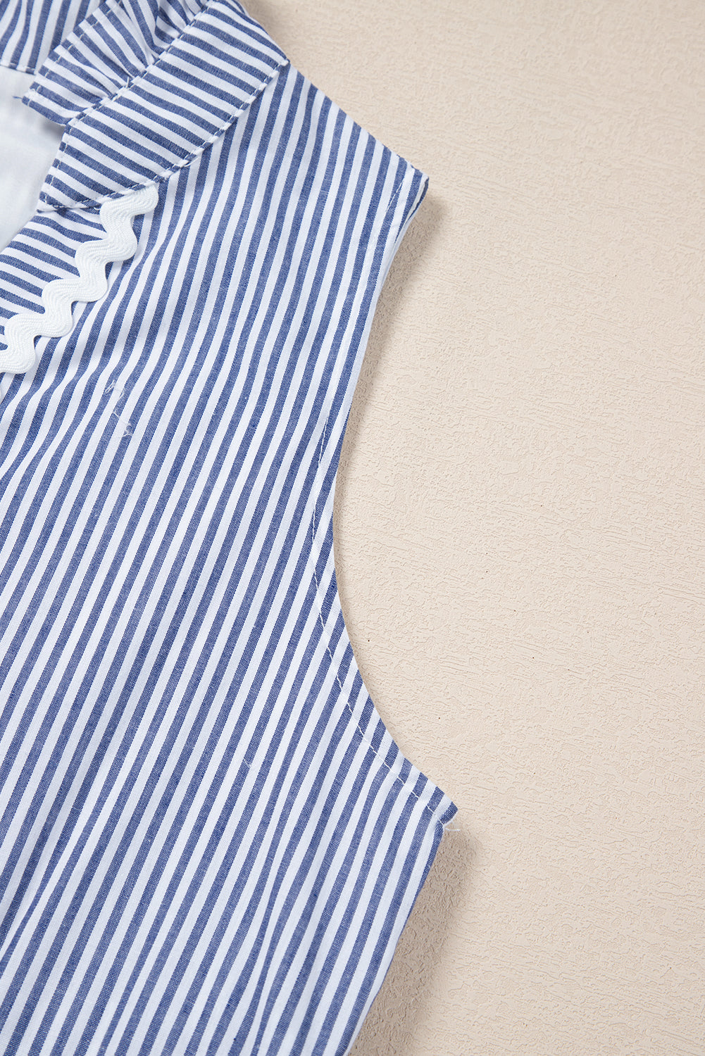 Blue Stripe Sleeveless Notched V Neck Contrast Ric Rac Mini Dress Mini Dresses JT's Designer Fashion