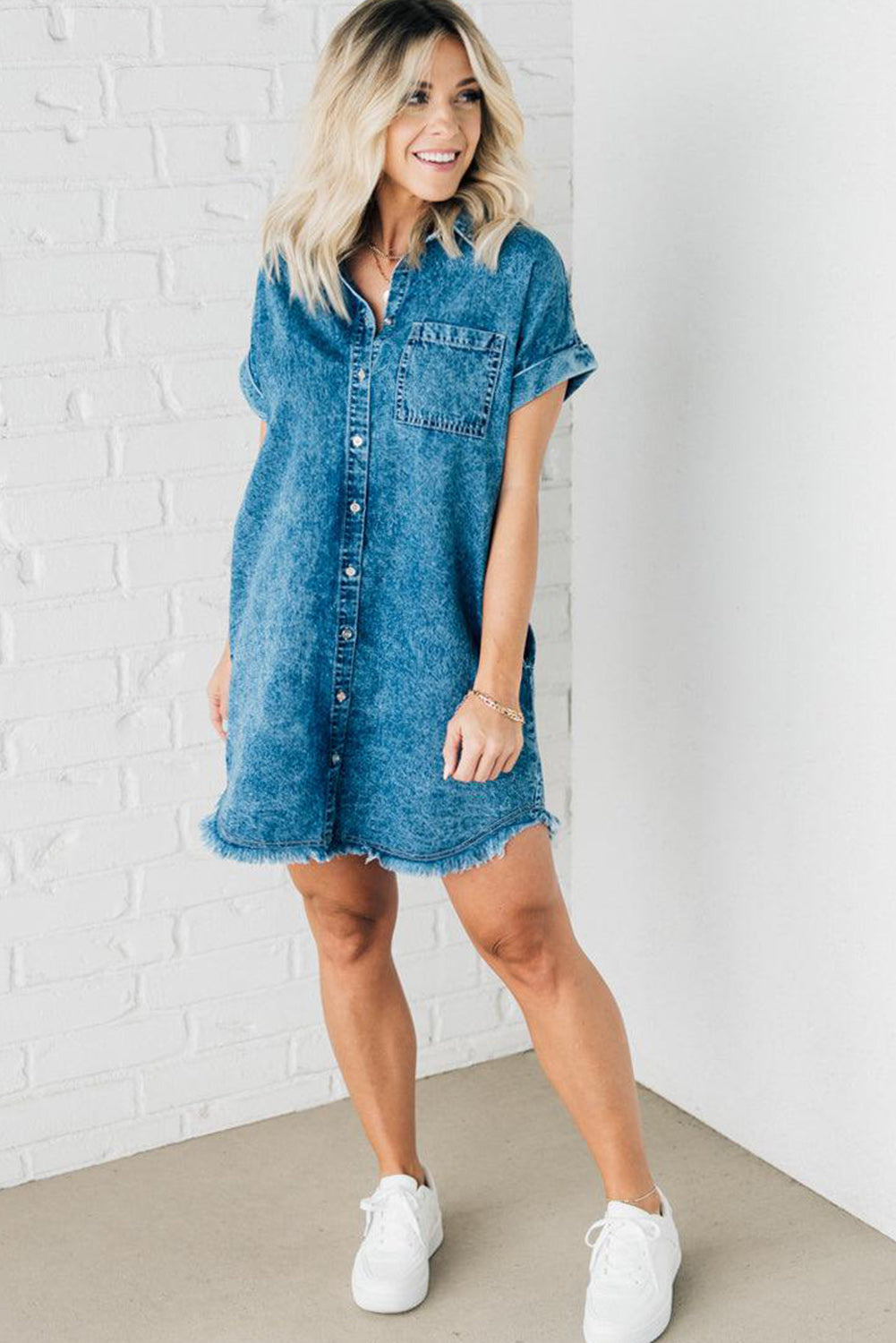 Blue Mineral Wash Cuffed Sleeve Frayed Hem Denim Dress Dresses JT's Designer Fashion