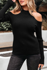 Black Ribbed Knit Cold Shoulder Choker Neck Sweater Sweaters JT's Designer Fashion