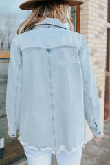 Sky Blue Flap Pocket Buttoned Raw Hem Denim Jacket Denim Jackets JT's Designer Fashion