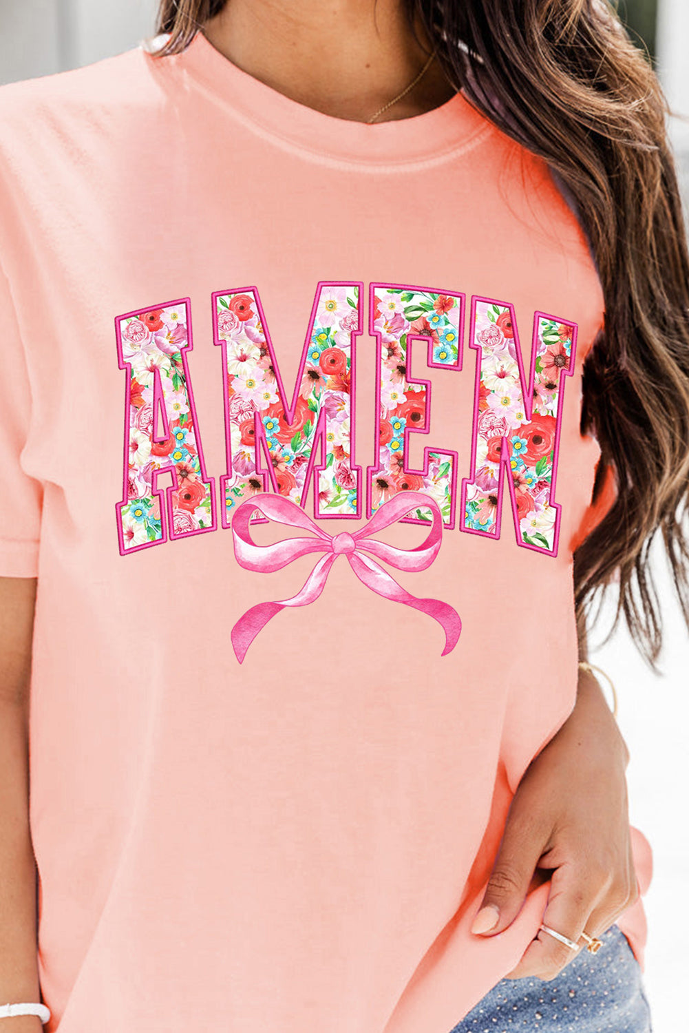 Pink Floral AMEN Bow Graphic Crewneck T Shirt Graphic Tees JT's Designer Fashion
