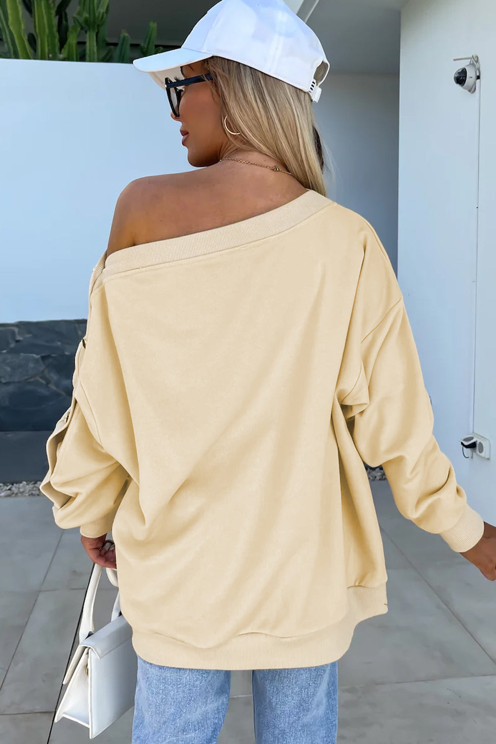 Beige Buttoned Sleeve Dropped Shoulder Sweatshirt Sweatshirts & Hoodies JT's Designer Fashion