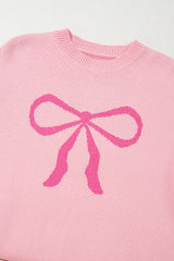 Pink Bow Graphic Drop Shoulder Round Neck Sweater Sweaters JT's Designer Fashion