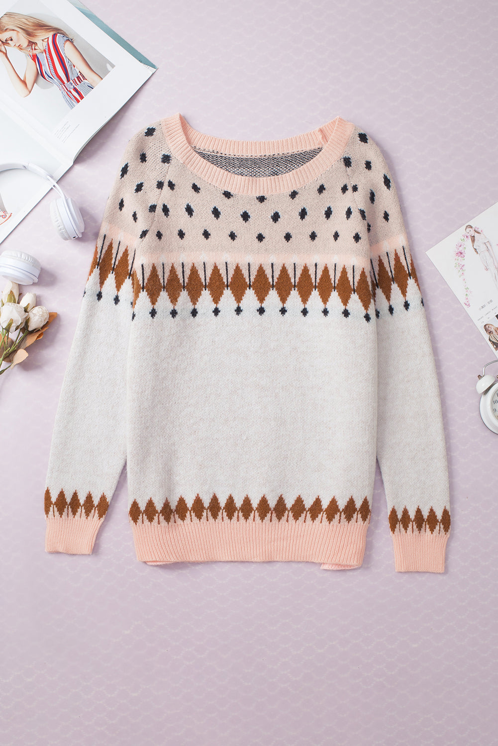 Multicolor Mixed Geometric Detail Raglan Sleeve Sweater Sweaters & Cardigans JT's Designer Fashion