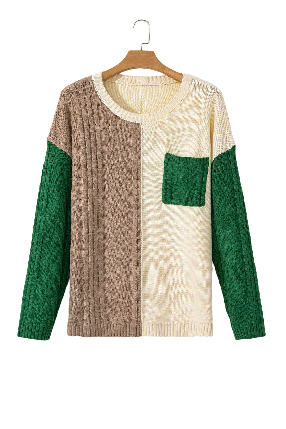 Mist Green Plus Size Cable Knit Color Block Drop Shoulder Sweater Plus Size Sweaters & Cardigans JT's Designer Fashion