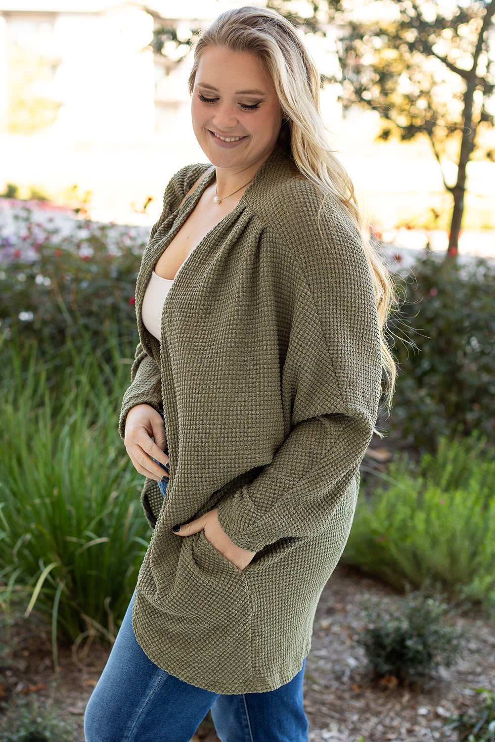 Seagrass Waffle Knit Drop Shoulder Open Front Pocketed Plus Size Cardigan Plus Size Sweaters & Cardigans JT's Designer Fashion
