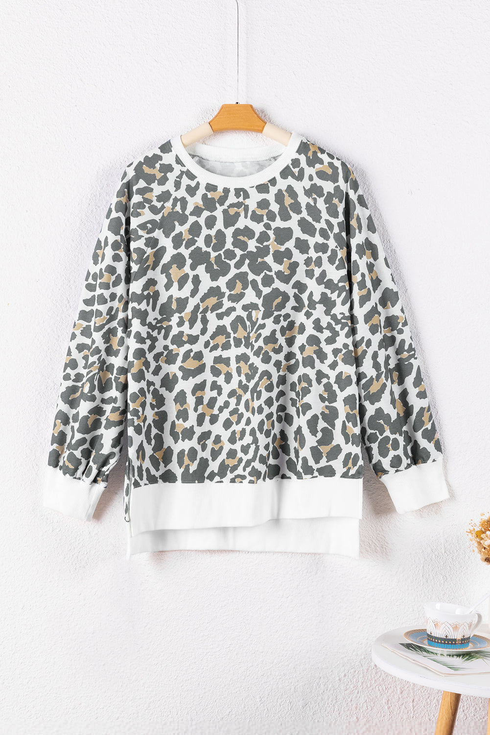 White Printed Solid Trim Leopard Print Top Long Sleeve Tops JT's Designer Fashion
