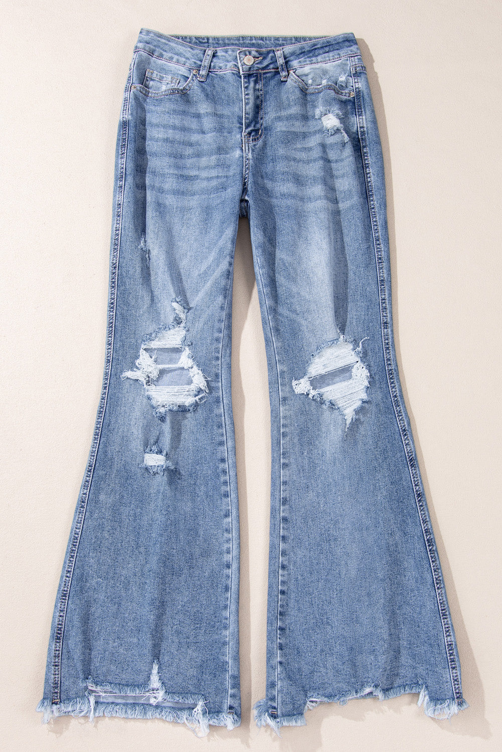 Dusk Blue High Rise Ripped Distressed Hem Flared Jeans Jeans JT's Designer Fashion
