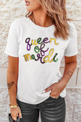 White queen of mardi Sequin Letter Graphic T Shirt Graphic Tees JT's Designer Fashion