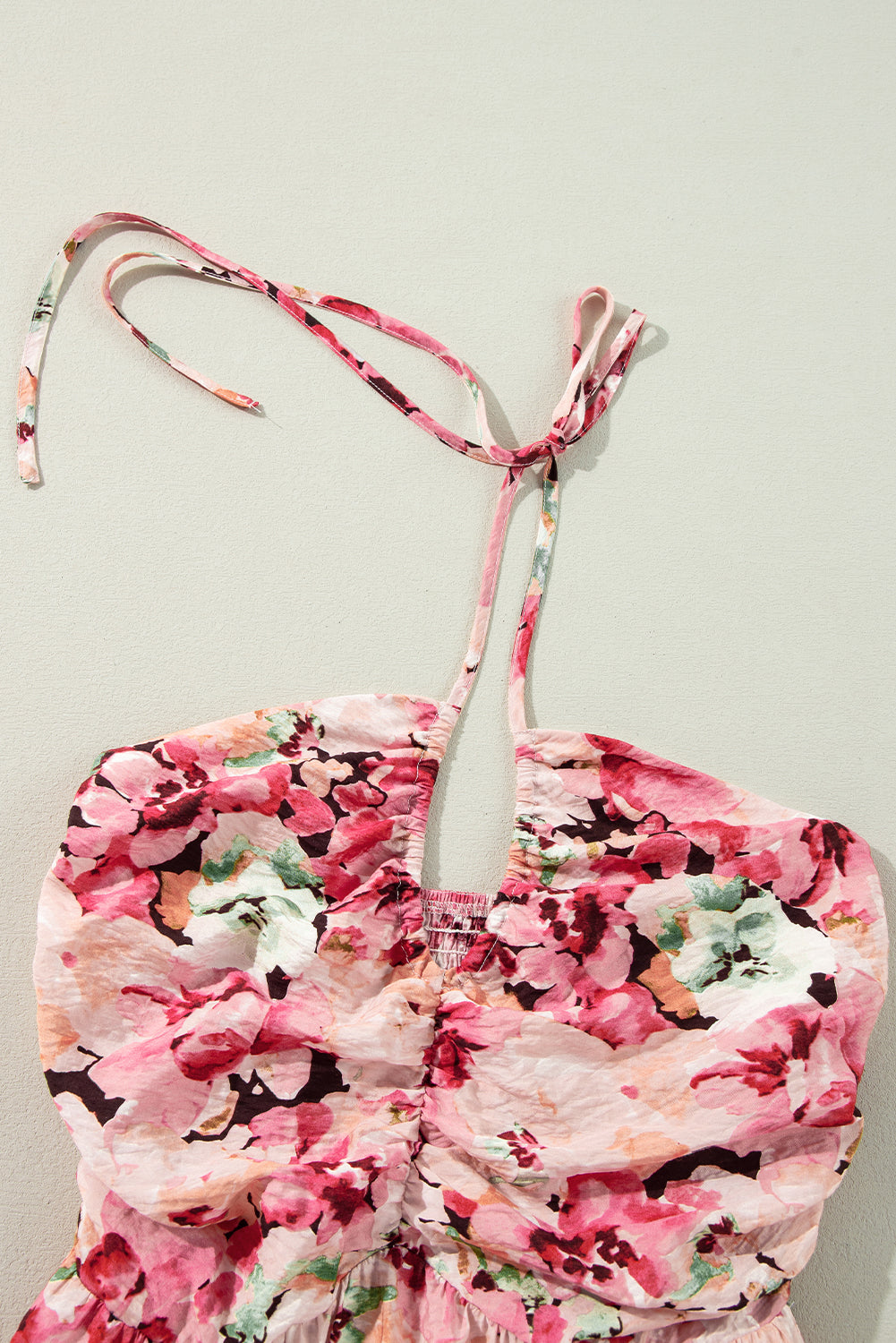 Pink Floral Sleeveless Halter Neck Shirred Back Ruffled Mini Dress Floral Dresses JT's Designer Fashion