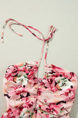 Pink Floral Sleeveless Halter Neck Shirred Back Ruffled Mini Dress Floral Dresses JT's Designer Fashion