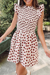 Brown Abstract Printed Flutter Sleeve Smocked Bodice Short Dress Mini Dresses JT's Designer Fashion