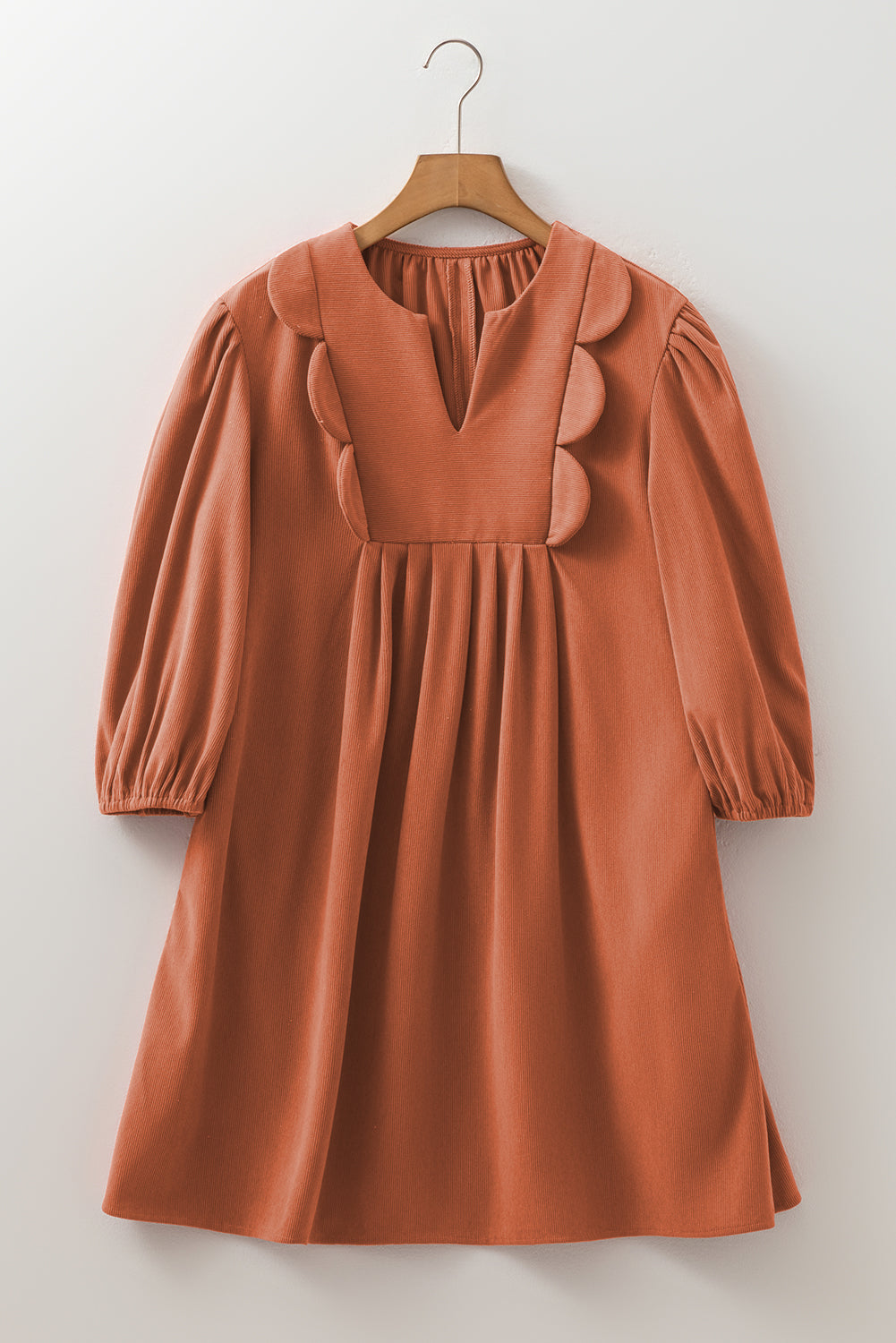 Cinnamon Bracelet Sleeve Split Neck Scallop Detail Pleated Corduroy Mini Dress Mini Dresses JT's Designer Fashion
