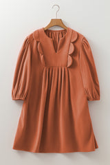 Cinnamon Bracelet Sleeve Split Neck Scallop Detail Pleated Corduroy Mini Dress Mini Dresses JT's Designer Fashion