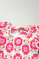 Rose Floral Print Square Neck Lace up Back Ruffled Sleeve Dress Floral Dresses JT's Designer Fashion