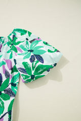 Green Floral Print Shirred Square Neck Loose Fit Mini Dress Floral Dresses JT's Designer Fashion